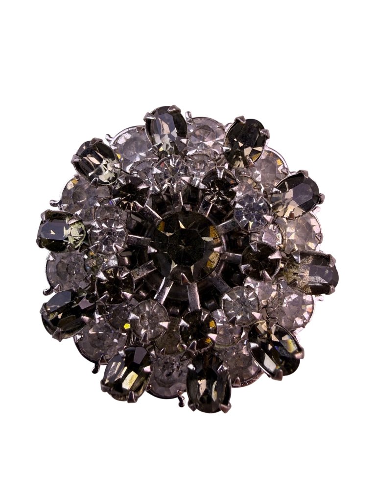 Vintage Unknown Womens Silver Tone Brooch Floral Design Gray & Clear Stones